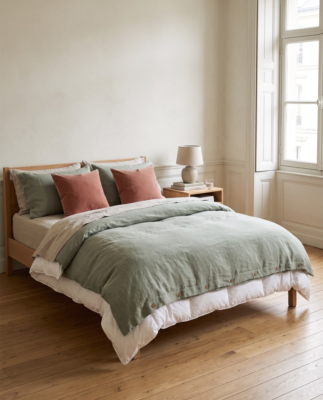 Une chambre complète : lit en lin sauge sur couette blanche, coussins en velours argile devant les oreillers