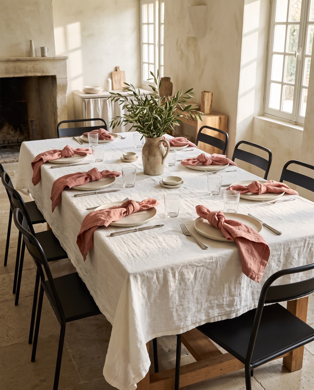 Une table dressée pour huit sur la nappe en lin blanc craie, une serviette argile à chaque assiette