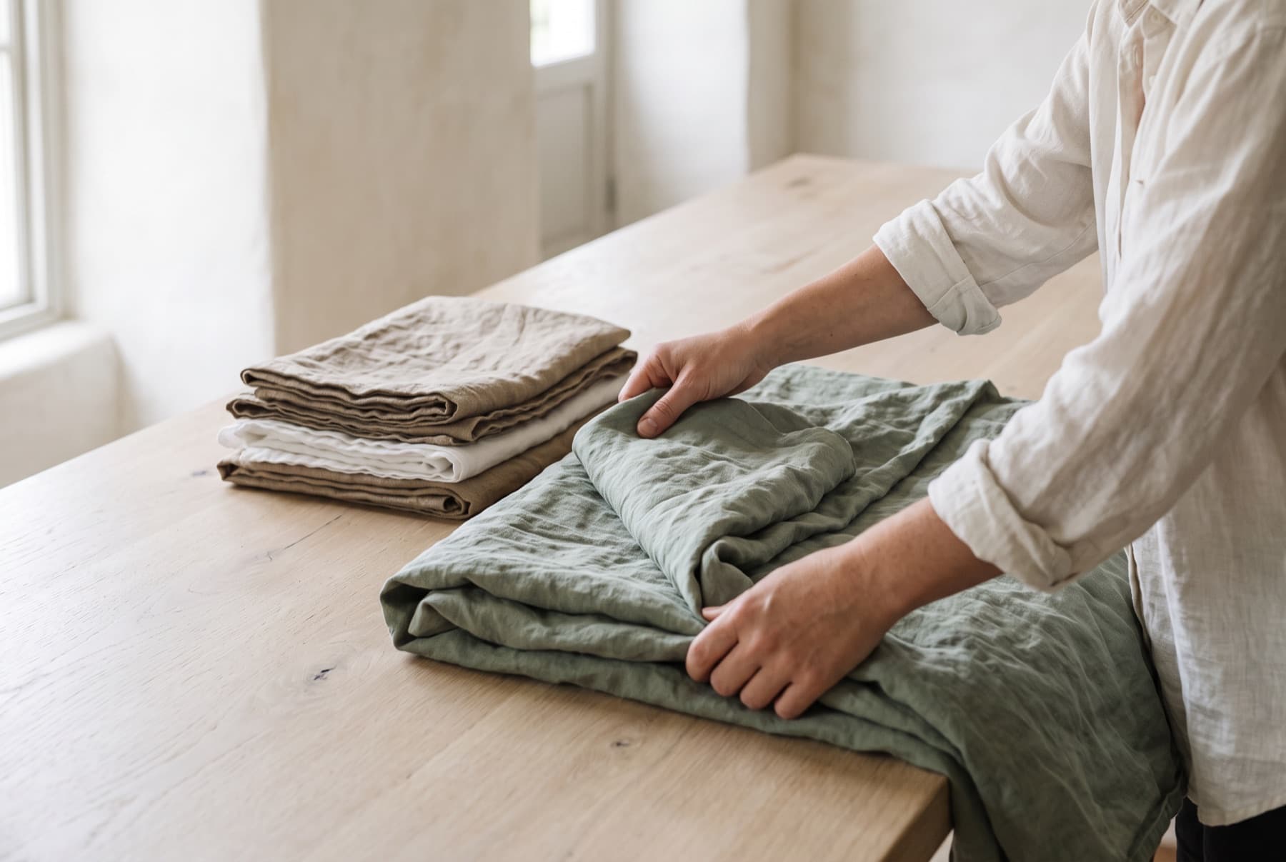 Des mains plient un drap en lin vert sauge sur une grande table en chêne, près d'une pile de linge en lin